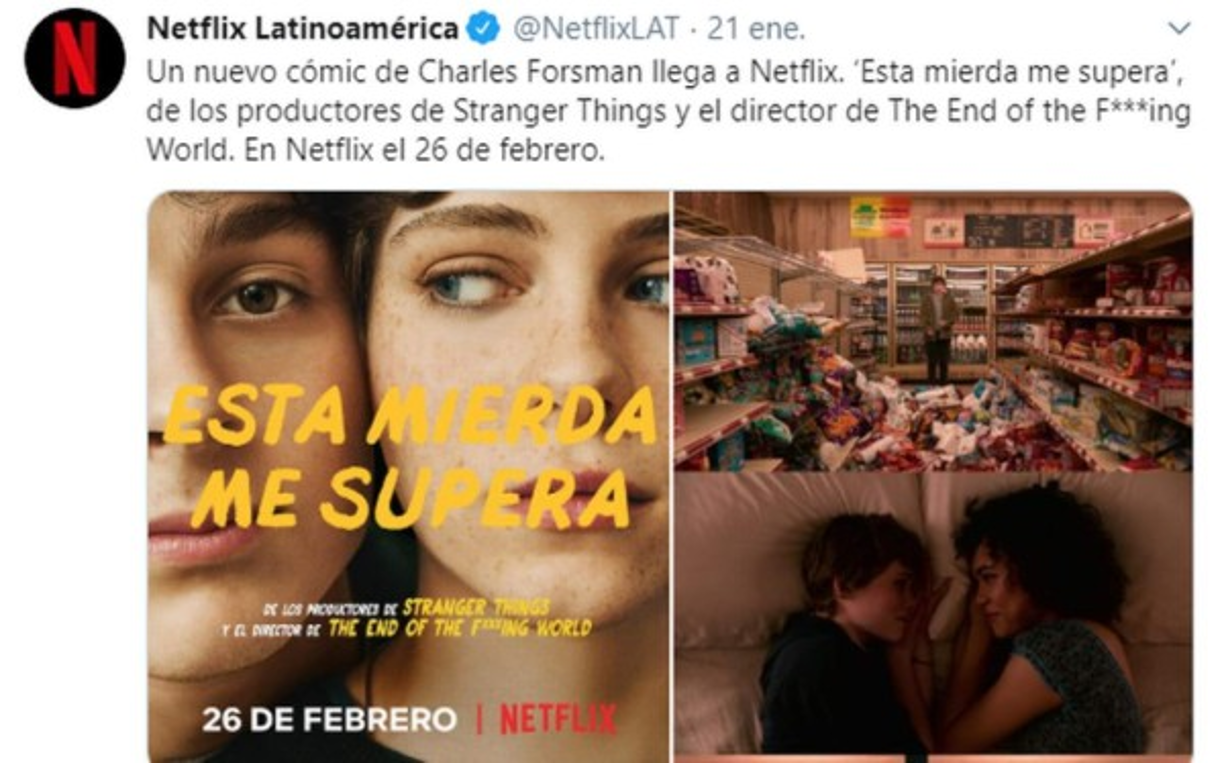 Otras series:<br/><br/>- Vikingos: Temporada 6 - 6 de febrero <br/>- Van Helsing: Temporada 4 - 8 de febrero <br/>- Narcos: México: Temporada 2 - 13 de febrero <br/>- Espectros - 20 de febrero <br/>- Puerta 7 - 21 de febrero <br/>- Gentefied - 21 de febrero <br/>- Esta mierda me supera - 26 de febrero (Imagen)<br/>- Altered Carbon: Temporada 2 (27/2/2020) <br/><br/>