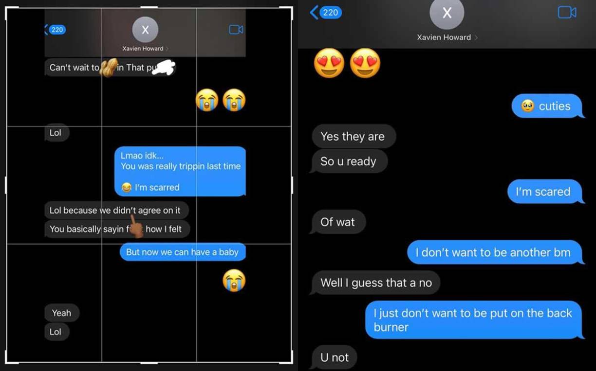 Mensajes entre Tai y Xavien donde dice que quiere un bebé con ella. “Quedé embarazada después de estar con X (en referencia a Howard) varias veces”, dice el texto que publicó la modelo.