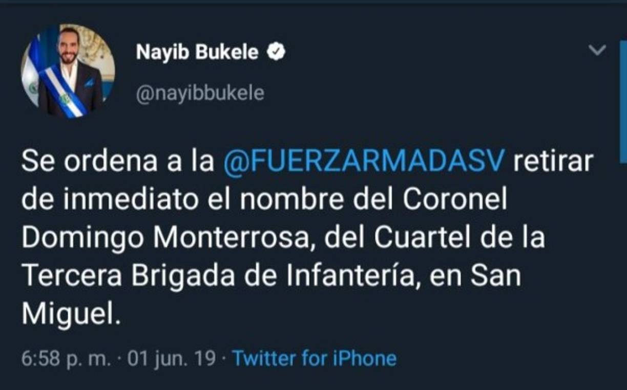 Bukele, que al igual que el presidente estadounidense Donald Trump, es un fanático de Twitter, dio su primera orden ejecutiva a través de dicha red social al solicitar a las Fuerzas Armadas salvadoreñas borrar el nombre de un teniente acusado de la masacre en El Mozote de un cuartel.