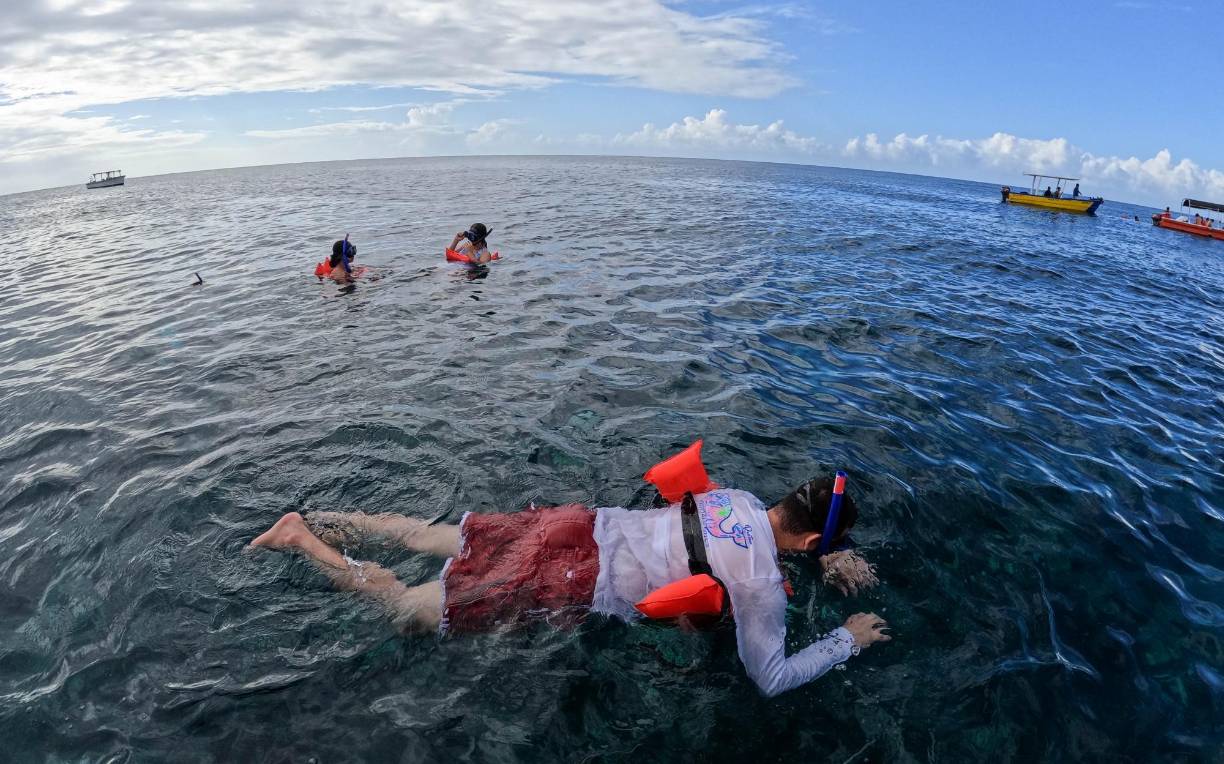 Turistas haciéndo snorkel para ver el arrecife de corales