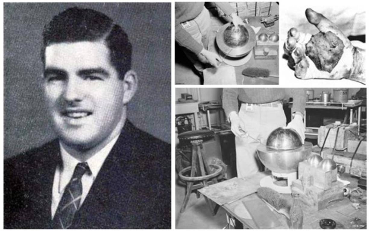 El primer accidente nuclear involucra al físico estadounidense Harry Daghlian, quien el 21 de agosto de 1945 fue irradiado cuando accidentalmente se dejó caer un ladrillo de carburo de tungsteno en el interior del núcleo de plutonio de una bomba atómica que todavía se hallaba en fase de desarrollo. El incidente le costó la vida a Daglhian, quien falleció 25 días después.