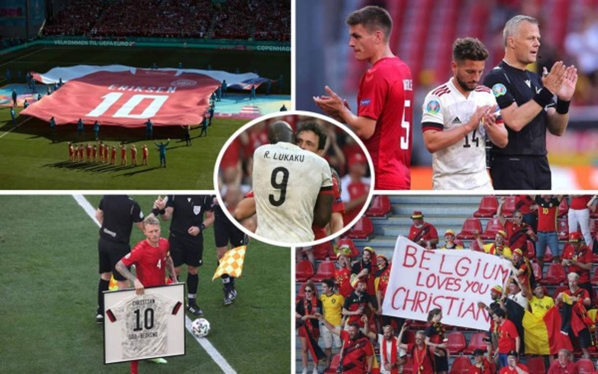 Christian Eriksen fue homenajeado en el partido de su selección Dinamarca contra Bélgica por la Eurocopa 2021. Un emotivo momento se vivió en el estadio Parken de Copenhague. Fotos AFP/EFE