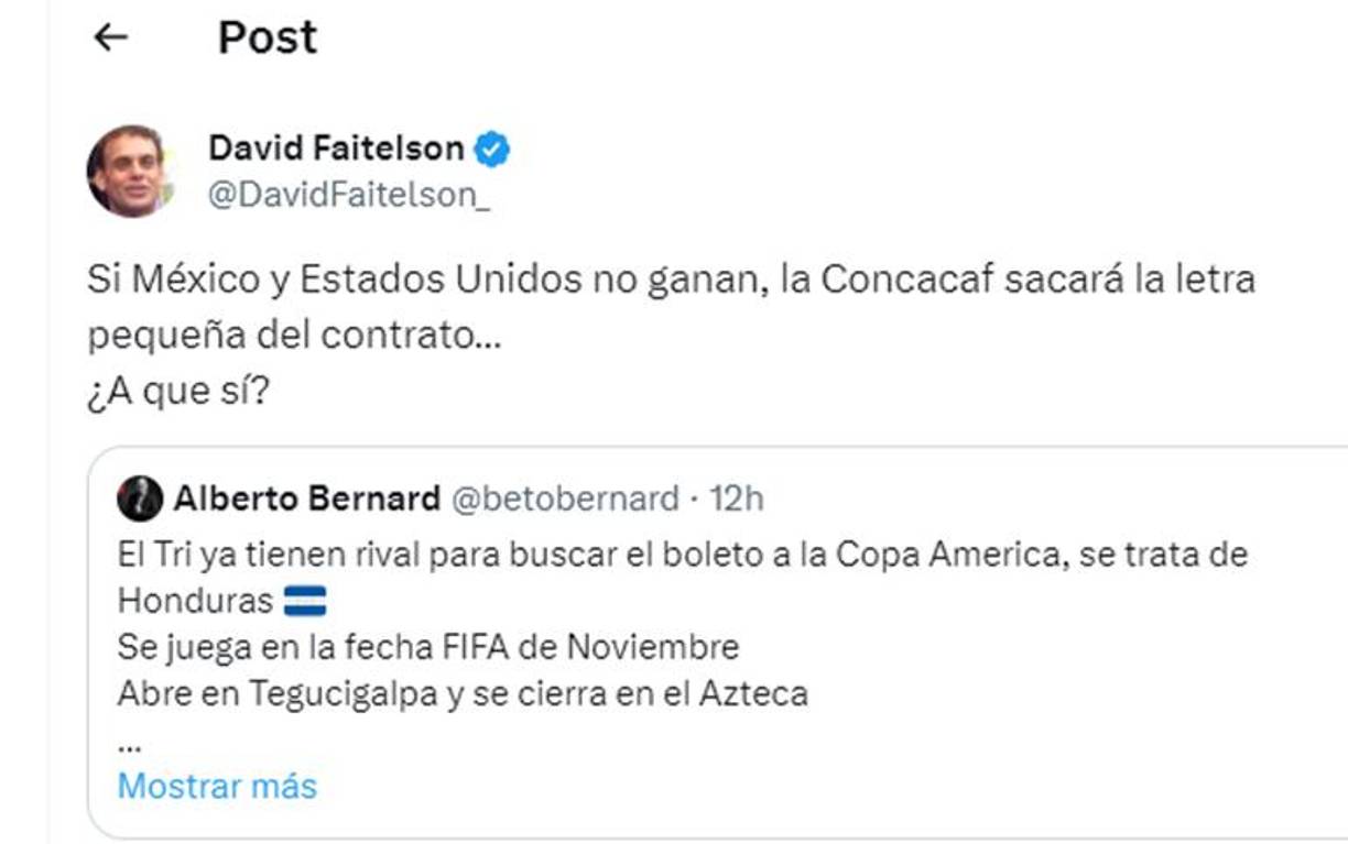 Faitelson comenzó a calentar: “Si México y Estados Unidos no ganan, la Concacaf sacará la letra pequeña del contrato.¿A qué sí?”, señaló el ahora periodista de Televisa. 
