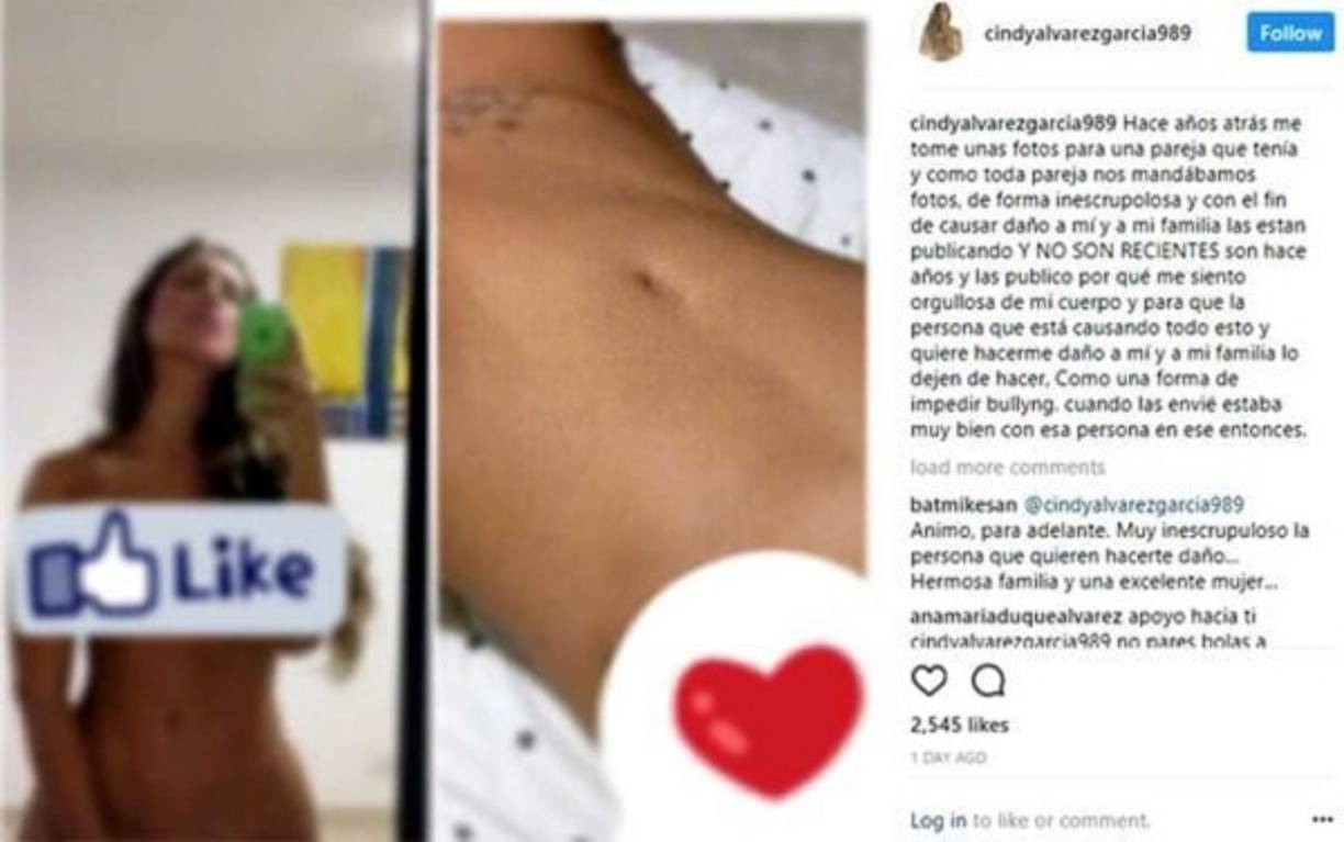 Cindy Álvarez también explicó qué la llevó a mostrar sus fotos en su cuenta en la red social: 'Las publico porque me siento orgullosa de mi cuerpo y para que la persona que está causando todo esto y quiere hacerme daño a mí y a mi familia lo dejen de hacer'.