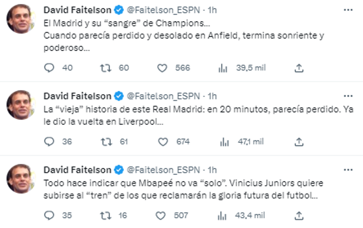 David Faitelson de ESPN: “El Madrid y su sangre de Champions... Cuando parecía perdido y desolado en Anfield, termina sonriente y poderoso”.