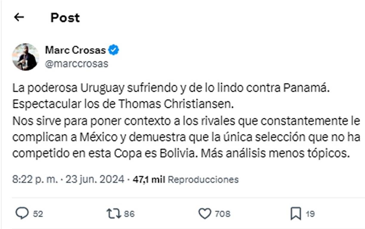 El exfutbolista español Marc Crosas, que jugó en equipos como Barcelona, Lyon, Celtic, Santos Laguna, Cruz Azul, entre otros, alabó a la selección panameña pese a la derrota. “La poderosa Uruguay sufriendo y de lo lindo contra Panamá. Espectacular los de Thomas Christiansen”.
