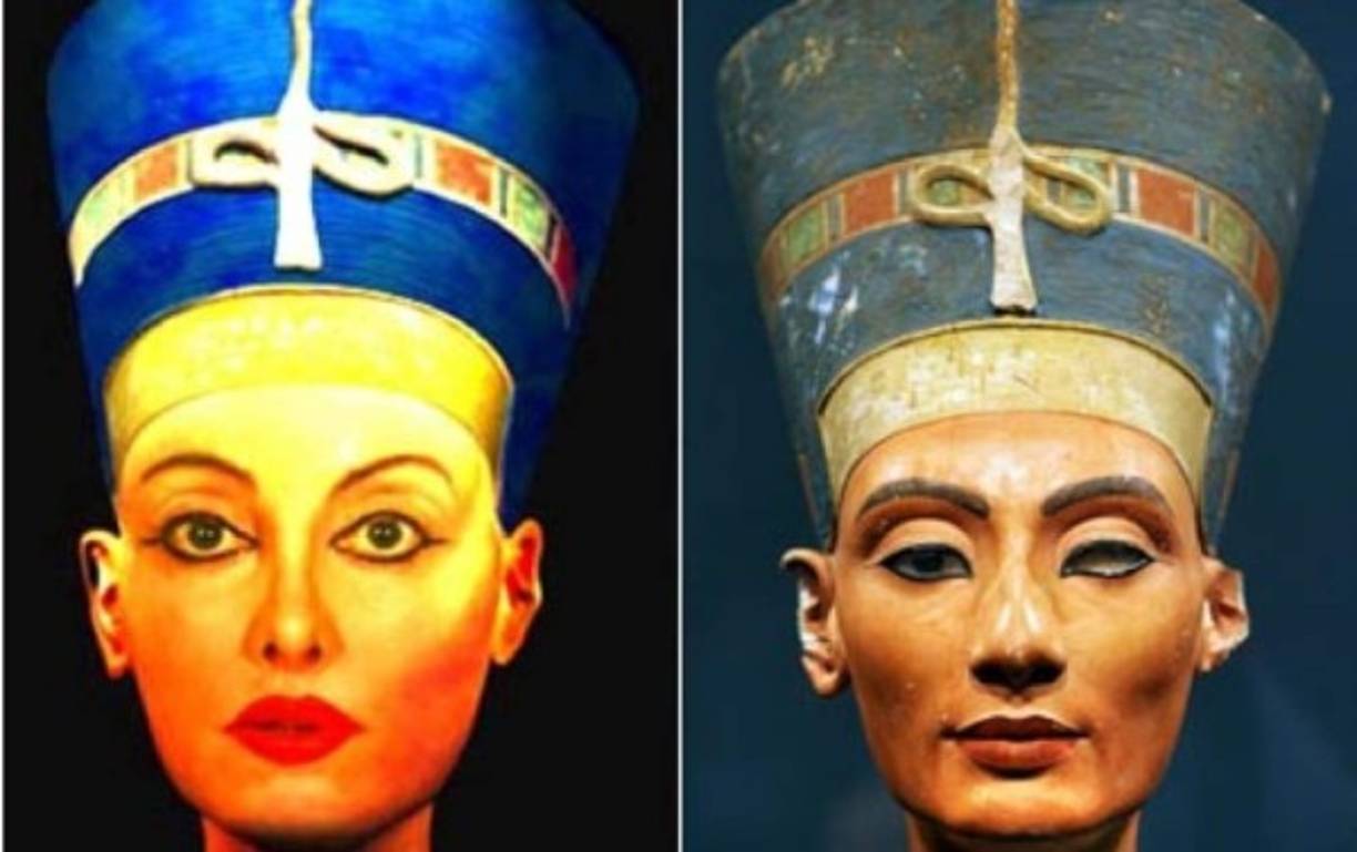 Nileen Namita (57) es una mujer británica y asegura que ella es la reencarnación de Nefertiti, esposa del faraón Akenatón. Namita es la primera de la imagen, la otra es una réplica del busto de la reina faraónica que se exhibe en el museo de Berlín.