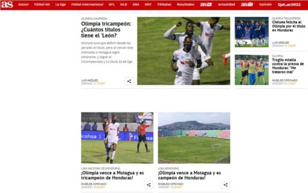 Diario As de España dedicó varias notas informativas del tricampeonato del Olimpia.