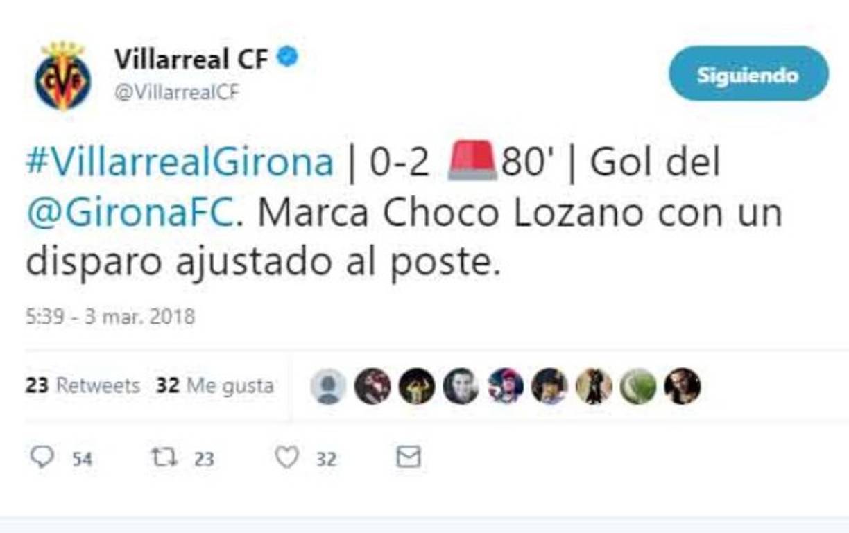 El Villareal y su post en el momento del golazo del Choco Lozano.
