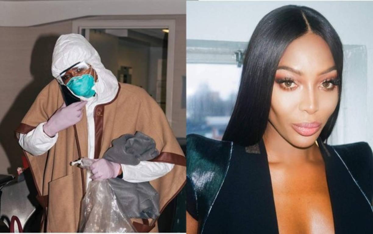 En las últimas horas, Naomi Campbell ha subido a su Instragam unas imágenes en las que aparece con mono blanco, con la cabeza cubierta, mascarilla y gafas grandes transparentes que protegen sus ojos