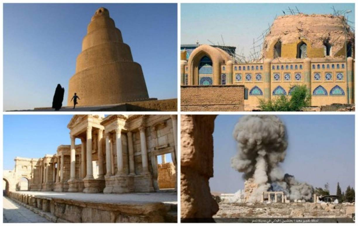 Gran mezquita de Samarra — Alguna vez esta mezquita fue una de las más grandes del mundo. Fue construida en el siglo IX en el río Tigris, al norte de Bagdad. La mezquita es famosa por la Torre Malwiya, un minarete de 52 metros de altura con rampas en espiral para que los fieles puedan subir. El lugar fue bombardeado en 2005, en un ataque insurgente contra una posición de la OTAN, por lo que quedó destruida la parte superior del minarete y sus muros subyacentes.