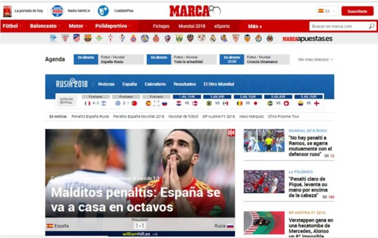 Diario Marca: 'Malditos penales: España se va a casa en octavos'. 'Fue el punto y final a un Mundial disparatado desde el despido de Lopetegui'.