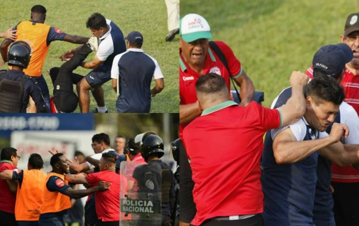 Las imágenes de la pelea que protagonizaron los cuerpos técnicos de Marathón y Motagua durante el medio tiempo del partido de la semifinal en el estadio Yankel Rosenthal. Fotos Neptalí Romero y Yoseph Amaya