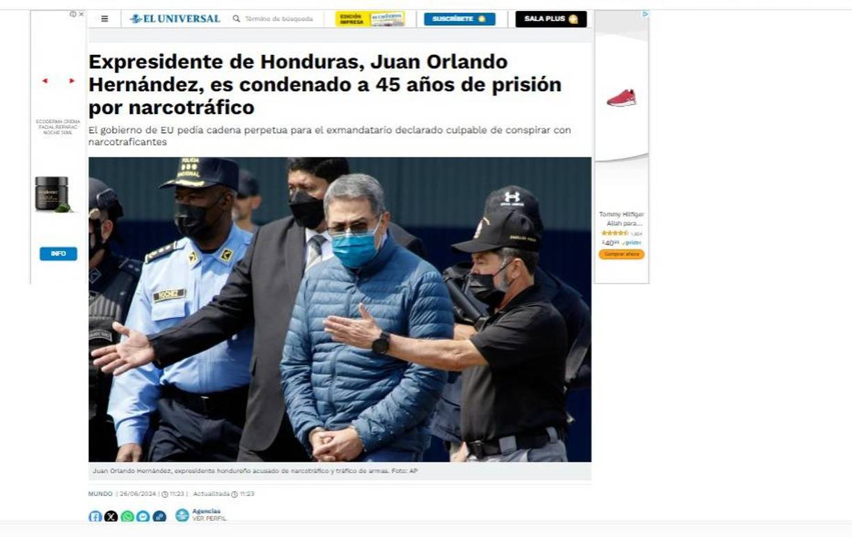 El Universal de México dio a conocer, en su portal informativo, la sentencia del expresidente de Honduras. 