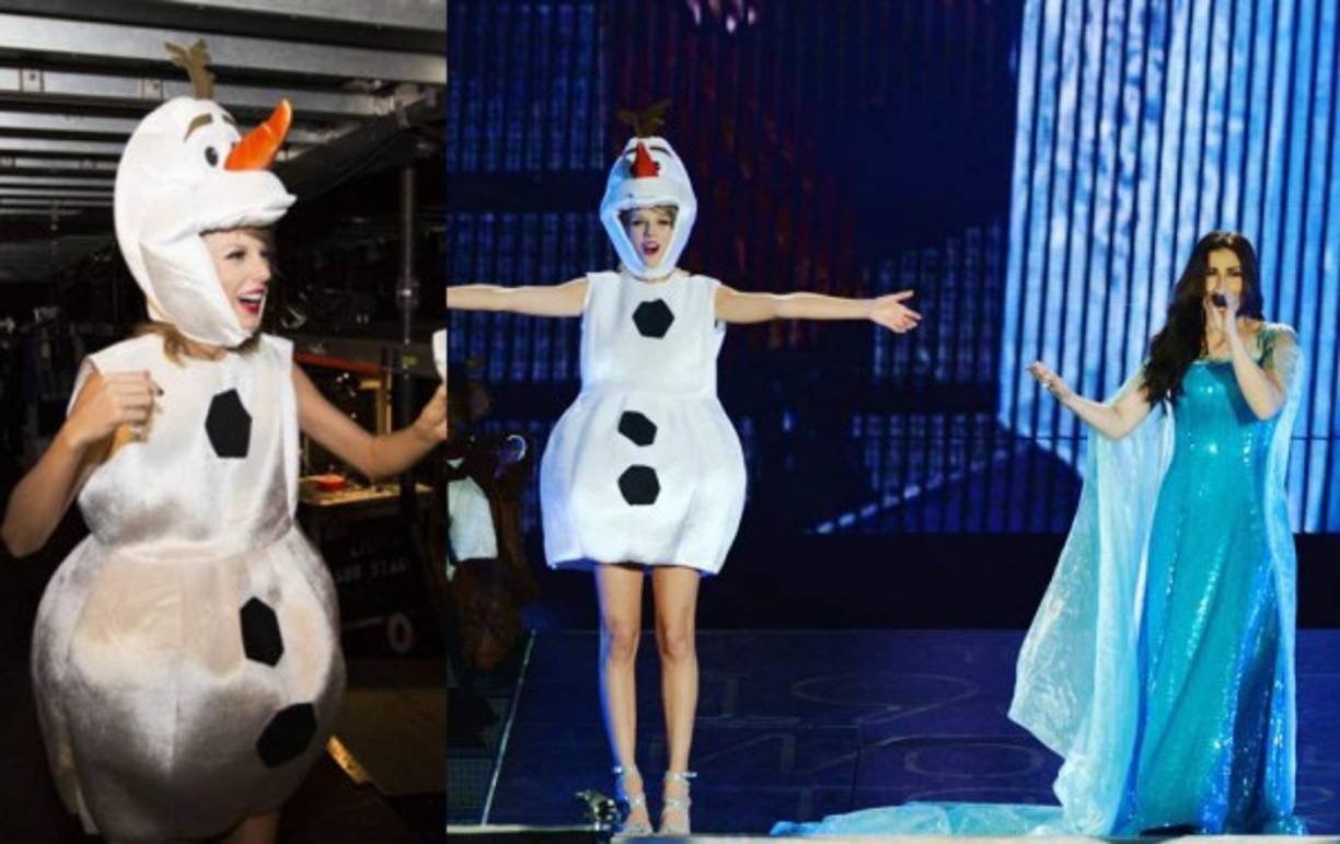 Idina Menzel ('Frozen') se sube al escenario con Taylor Swift para interpretar 'Let It Go', ella iba vestida de Olaf.