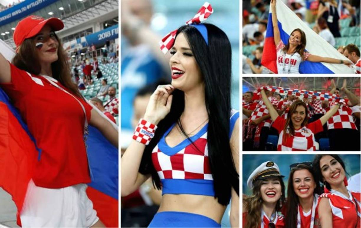 Las hermosas aficionadas de Rusia y Croacia que animan el último partido de cuartos de final del Mundial 2018 en el estadio Olímpico de Sochi.