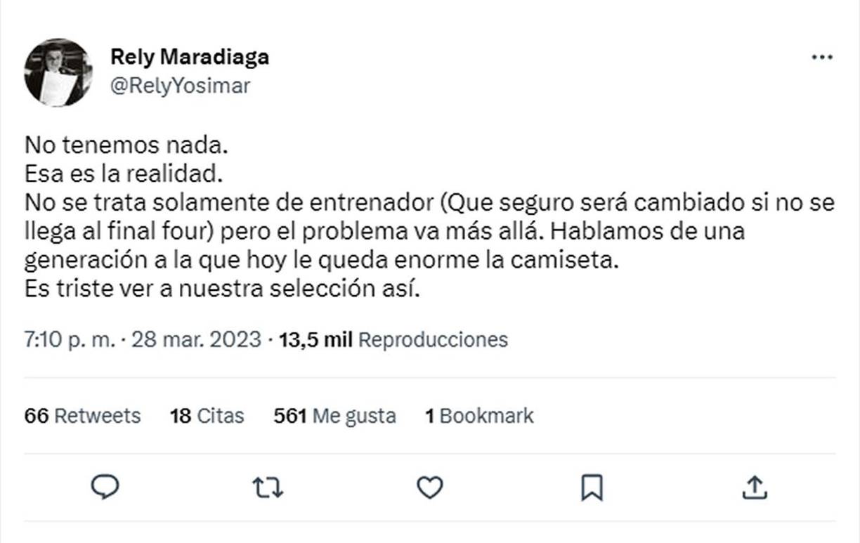 Rely Maradiaga, de Televicentro: “No tenemos nada. Esa es la realidad. No se trata solamente de entrenador (Que seguro será cambiado si no se llega al final four) pero el problema va más allá. Hablamos de una generación a la que hoy le queda enorme la camiseta. Es triste ver a nuestra selección así”.