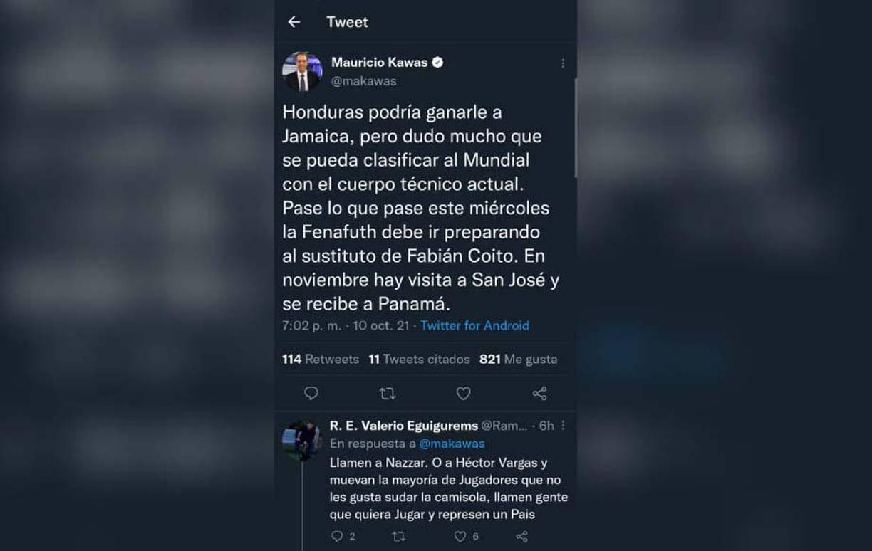 Mauricio Kawas: “Honduras podría ganarle a Jamaica, pero dudo mucho que se pueda clasificar al Mundial con el cuerpo técnico actual. Pase lo que pase este miércoles, la Fenafuth debe ir preparando al sustituto de Fabián Coito”.