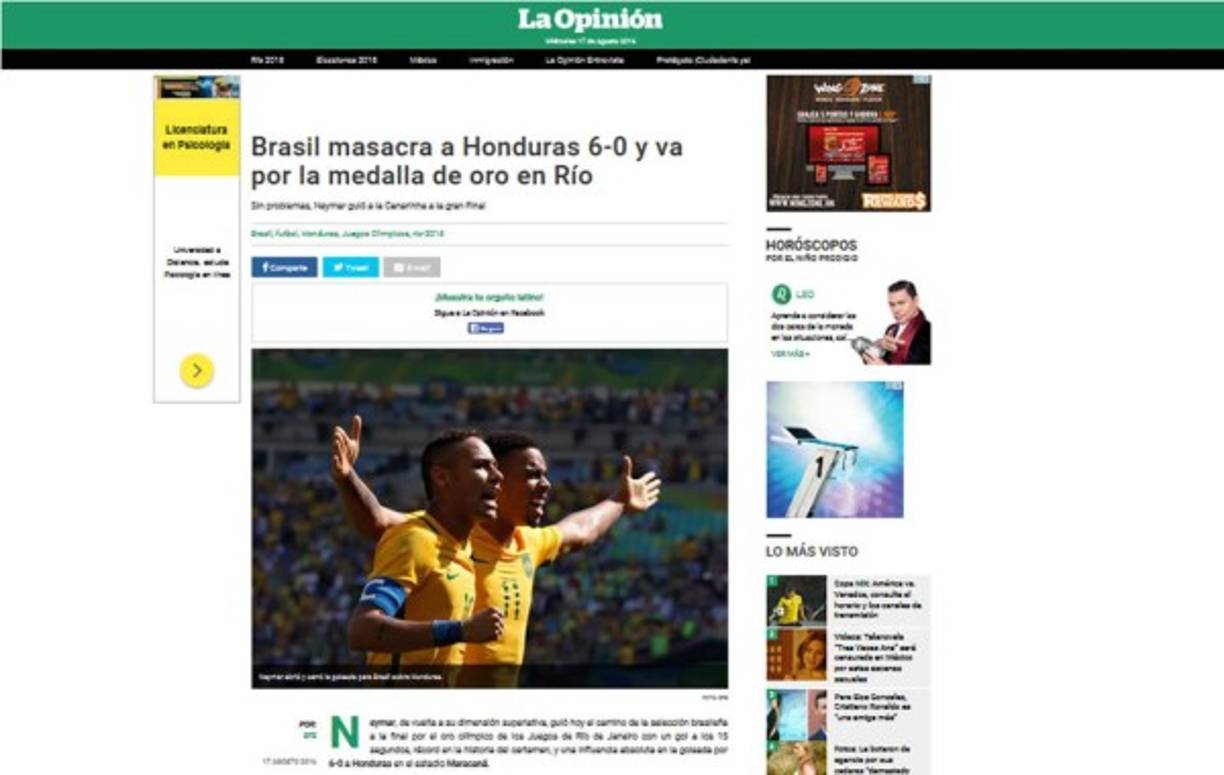 Diario La Opinión de México: 'Brasil masacra a Honduras 6-0 y va por la medalla de oro en Río'.