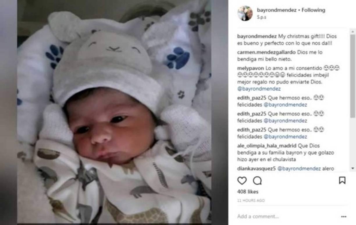 Bayron Méndez se convirtió en padre nuevamente, esta vez de un niñño. 'My christmas gift!!!! Dios es bueno y perfecto con lo que nos da', escribió el jugador del Olimpia acompañando el texto con esta imagen.