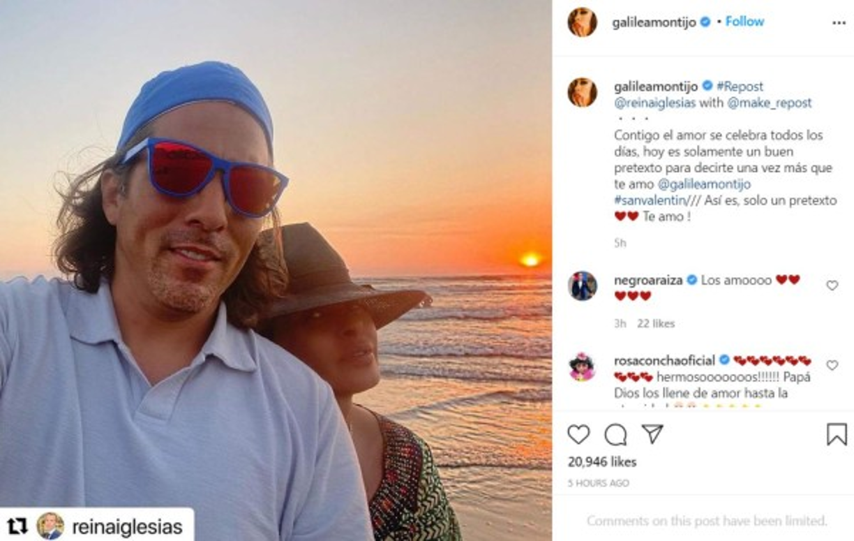 Galilea Montijo, compañera de Andrea Legarreta en el programa Hoy, le dio repost a un estado que le dedicó su esposo Fernando Reina. 'Contigo el amor se celebra todos los días, hoy es solamente un buen pretexto para decirte una vez más que te amo @galileamontijo #sanvalentin. Así es, solo un pretexto. Te amo!”.