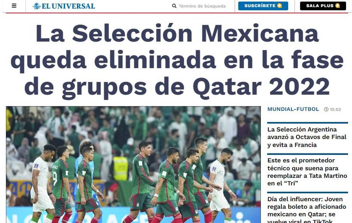 El Universal destacó la eliminación con una foto de su seleccionados lamentándolo.