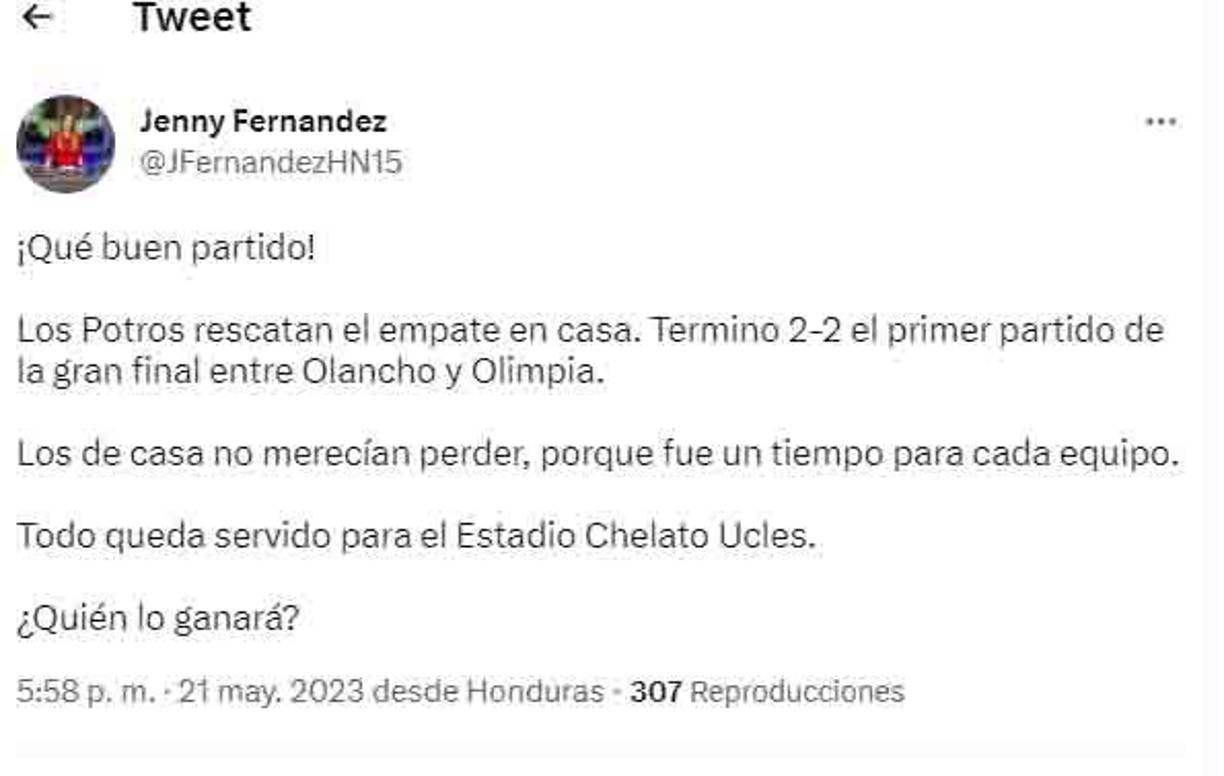 Jenny Fernández compartió su punto de vista sobre la final de ida.