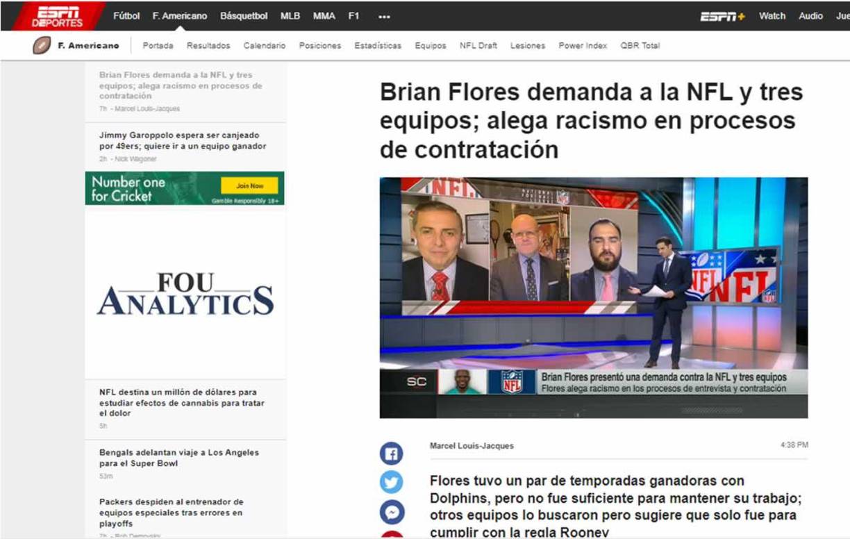 ESPN informa que “en la demanda de 58 páginas, Flores afirma que el propietario de los Dolphins, Stephen Ross, intentó incentivarlo para que perdiera juegos deliberadamente poco después de que lo contrataran en 2019; Ross le ofreció a Flores $100,000 por cada juego que el equipo perdiera esa temporada. Flores alega que cuando el equipo ganó juegos al final de la campaña, el gerente general de los Dolphins, Chris Grier, le informó que Ross estaba ´enojado´ porque el éxito de Flores en el campo ´comprometía la posición [del equipo] en el draft´”.