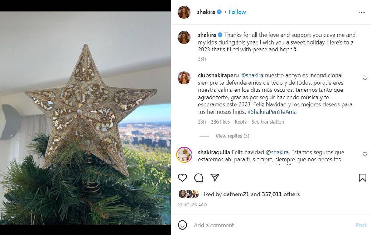 Shakira compartió esta imagen y agradeció el apoyo que ha recibido por parte de sus seguidores este año. 