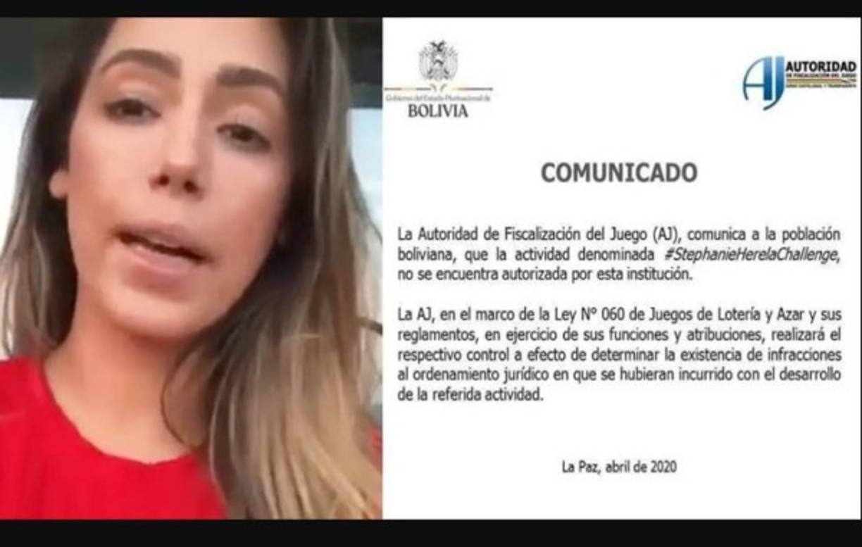 La Autoridad de Fiscalización del Juego (AJ) en Bolivia informó el 25 de abril que el denominado ‘concurso de pobreza’ lanzado por la modelo Stephanie Herela, no fue autorizada por la entidad y estudiará si supone alguna infracción a la maniquí.