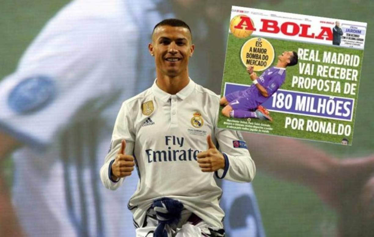 Según publica A Bola en Portugal, el Real Madrid va a recibir una oferta de 180 millones por Cristiano Ronaldo. Manchester United, PSG, Mónaco y la liga de China estarían dispuestos a 'perder la cabeza por el mejor jugador del mundo'. Sería, como señala el diario luso en portada, 'la mayor bomba del mercado'.