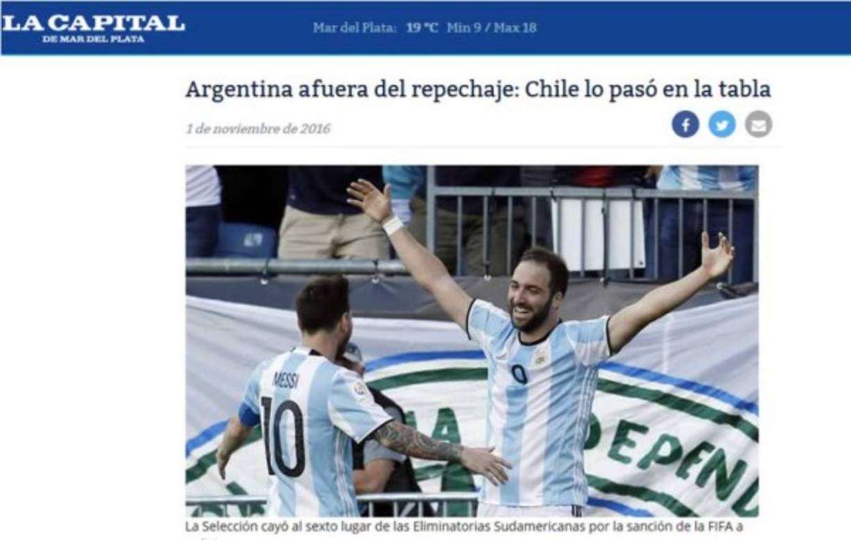 Diario La Capital: 'Argentina afuera del repechaje: Chile lo pasó en la tabla'.
