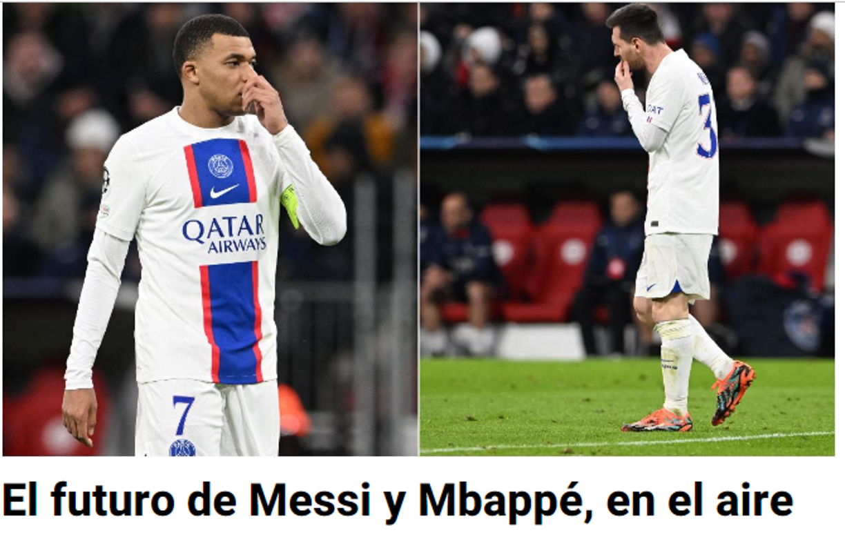 Diario Sport de España<b>:</b> “El PSG naufraga en Múnich. El futuro de Messi y Mbappé, en el aire”.