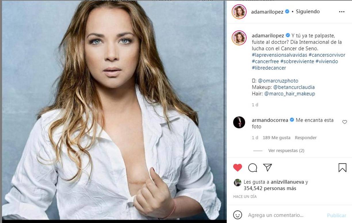  “Y tú, ¿ya te palpaste, fuiste con el doctor? Día Internacional de la lucha contra el cáncer de Seno”, escribió al pie de una fotografía que replicó en su cuenta de Instagram, donde se alcanza a apreciar la cicatriz del seno que se vio afectado por el carcinoma, hace 16 años.