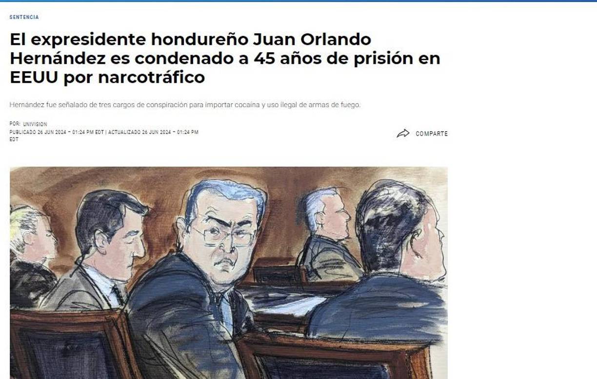 Univisión, medio de televisión estadounidense de habla hispana, reportó ampliamente sobre la sentencia de 45 años de cárcel impuesta a Juan Orlando Hernández, destacando el impacto del fallo tanto en Honduras como en la comunidad internacional. 