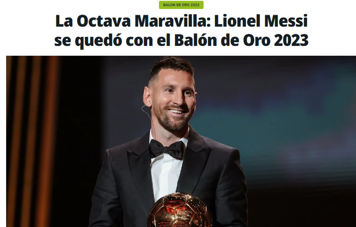 Diario Olé de Argentina: “La Octava Maravilla: Lionel Messi se quedó con el Balón de Oro 2023”.