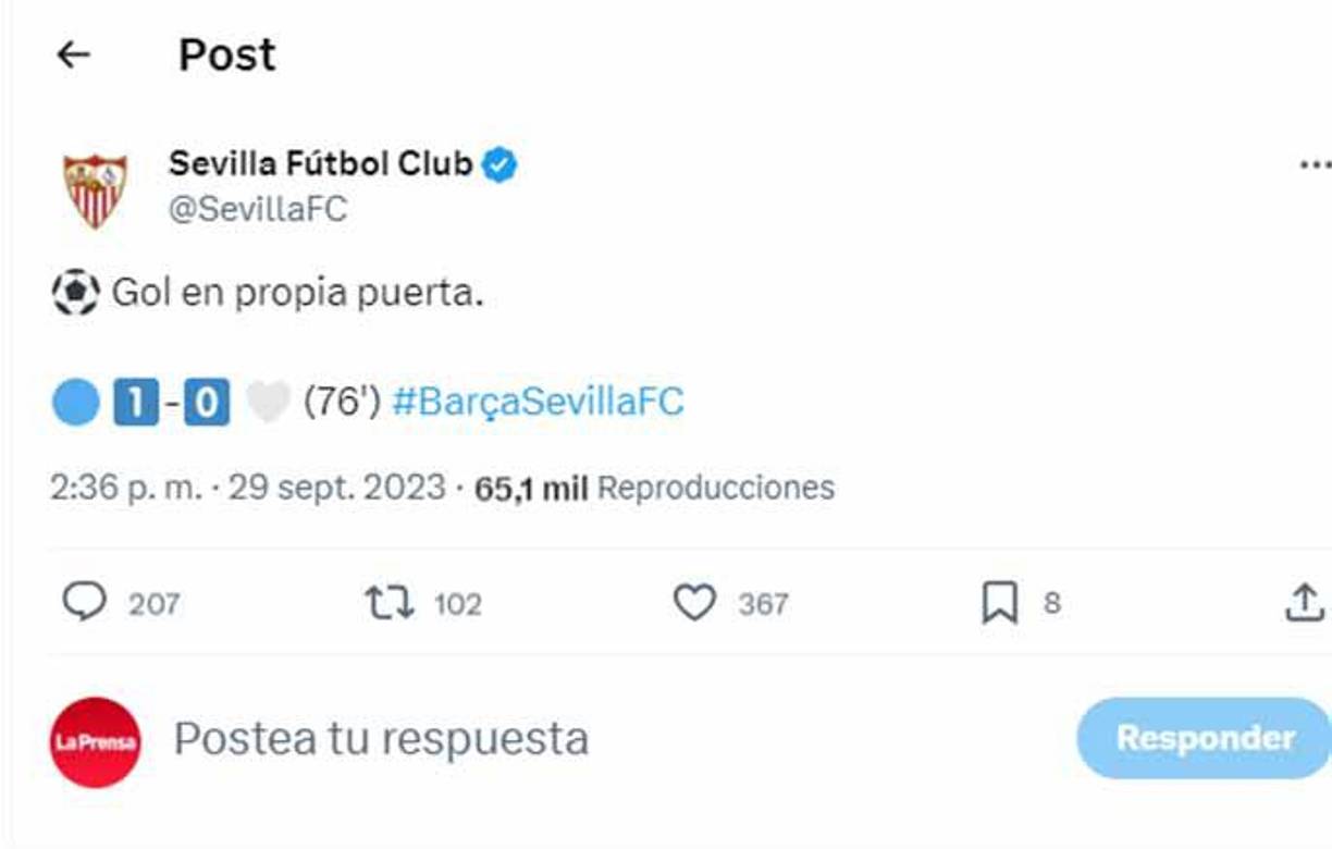 Este fue el mensaje del Sevilla en sus redes sociales tras el gol en propio arco de su defensor Sergio Ramos.