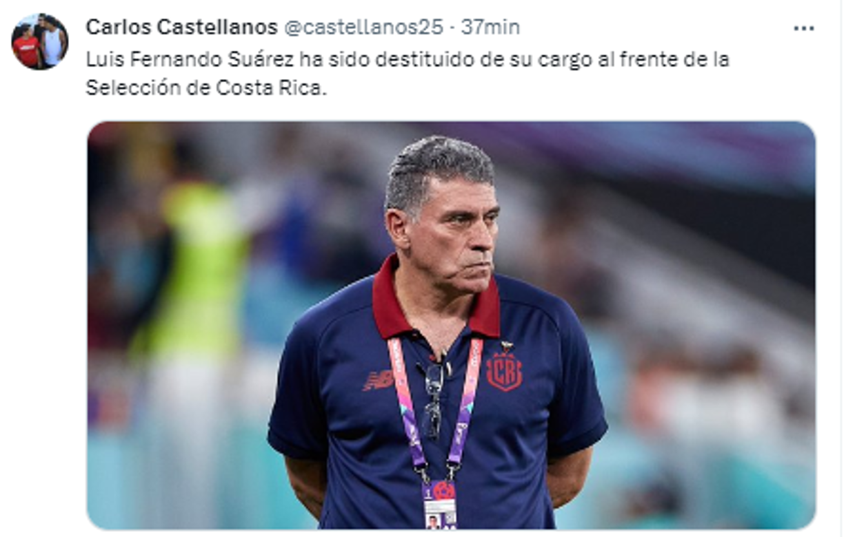Carlos Castellanos, periodista de Diario DIEZ: “Luis Fernando Suárez ha sido destituido de su cargo al frente de la Selección de Costa Rica”.