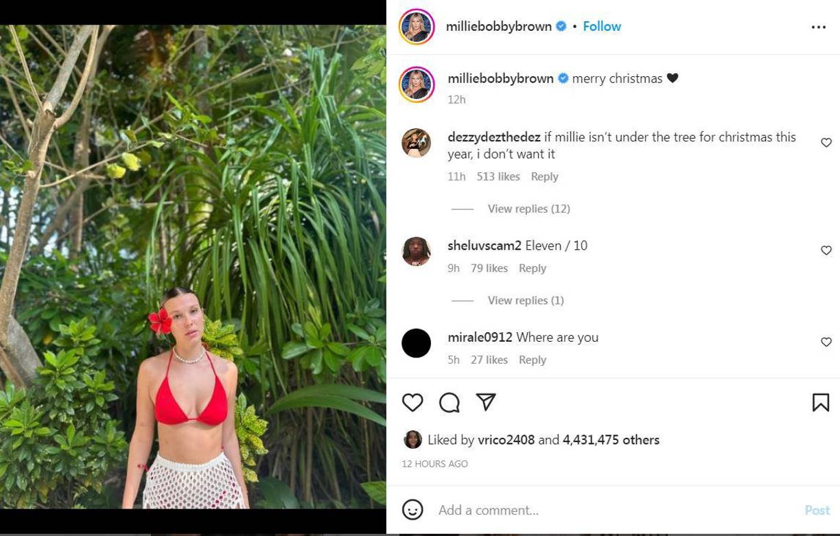 Mientras que Millie Bobby Brown, estrella de “Stranger Things”, celebró Navidad desde un lugar tropical.