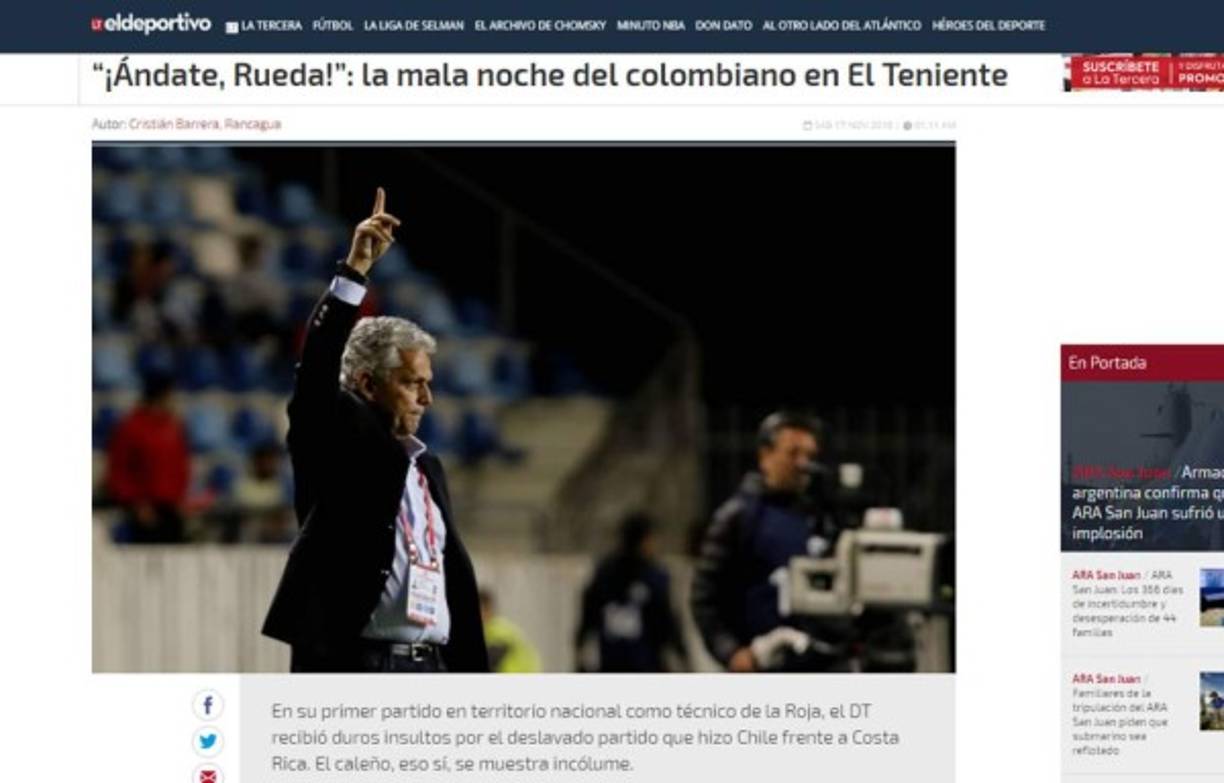 El Deportivo de La Tercera: “¡Ándate, Rueda!”: la mala noche del colombiano en El Teniente'. 'En su primer partido en territorio nacional como técnico de la Roja, el DT recibió duros insultos por el deslavado partido que hizo Chile frente a Costa Rica. El caleño, eso sí, se muestra incólume'.