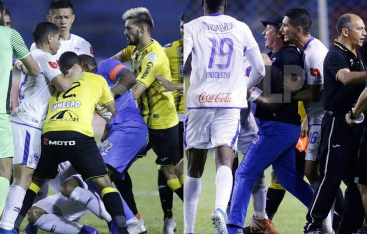 Real España se bajó al Olimpia al vencerlo 2-1 en el estadio Olímpico en un partido accidentado. El encuentro estuvo lleno de polémica al extremo de que se registraron siete expulsiones, entre ellas Pedro Troglio que perdió el control tras el final del juego.