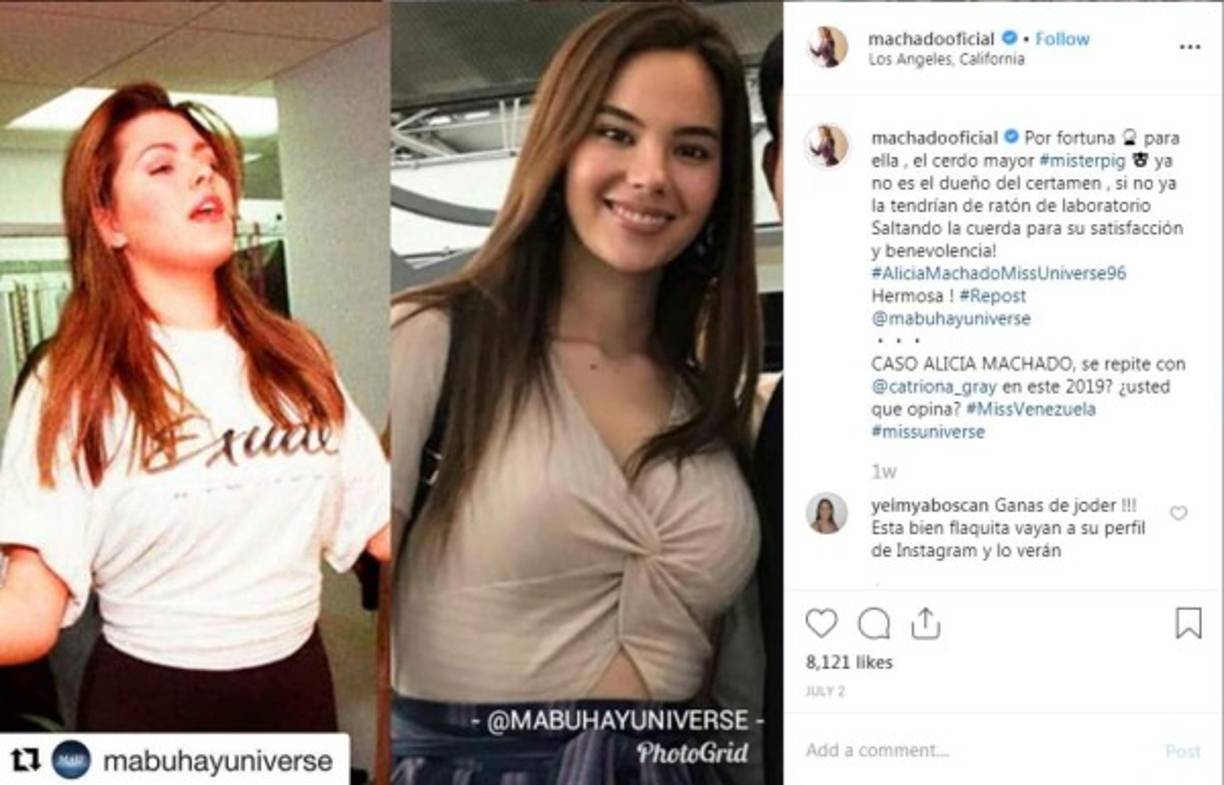 Conociendo de primera mano lo difícil que es cargar la corona y recibir constantes ataques y críticas a su figura, Machado recientemente se solidarizó con la actual Miss Universo Catriona Gray, que fue llamada gorda por otra reina de belleza.<br/><br/><br/>MIRA LAS FOTOS: https://bit.ly/2NQlgdV<br/>