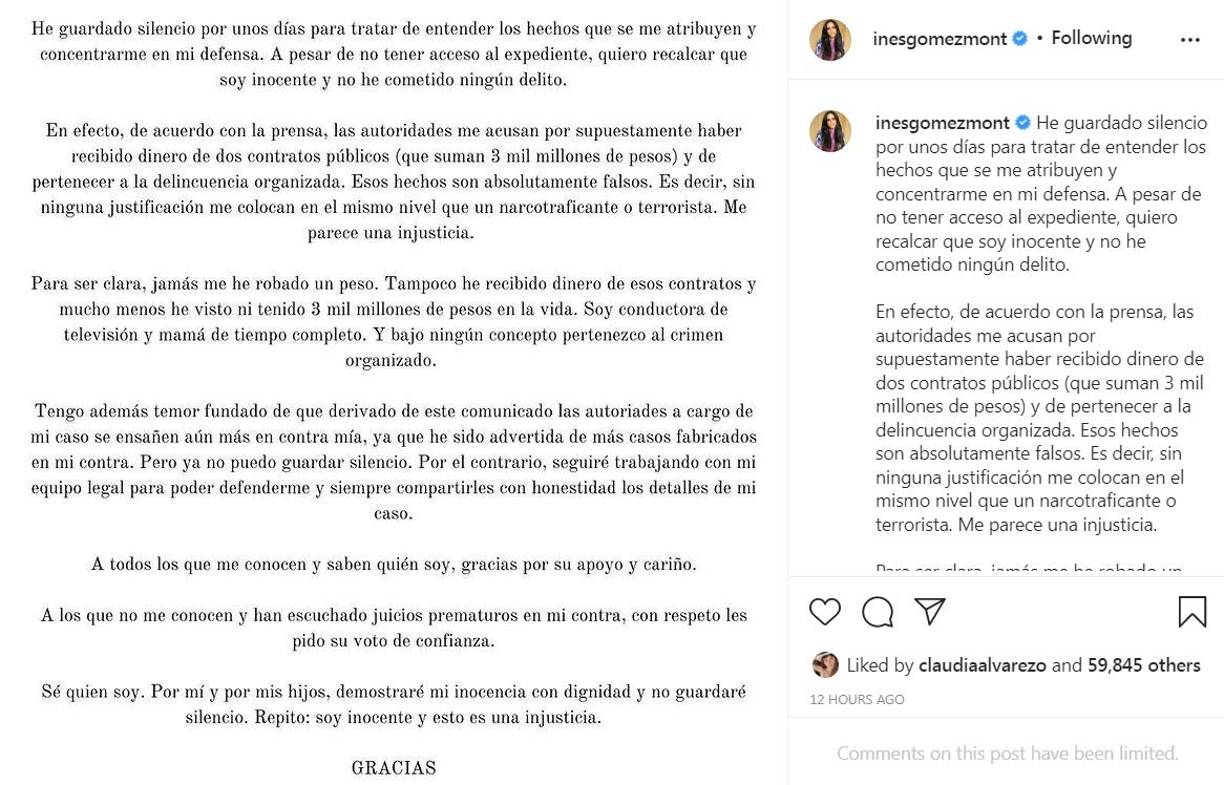 Añadió que, según los medios de comunicación, se la investiga por recibir dinero de dos contratos públicos por valor de 3.000 millones de pesos (unos 150 millones de dólares) y de pertenecer a la delincuencia organizada.