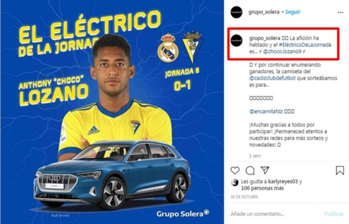 Los aficionados del Cádiz eligieron al atacante catracho como el MVP de dicho encuentro en el que marcó el gol de la victoria sobre Real Madrid en el estadio Alfredo Di Stéfano.