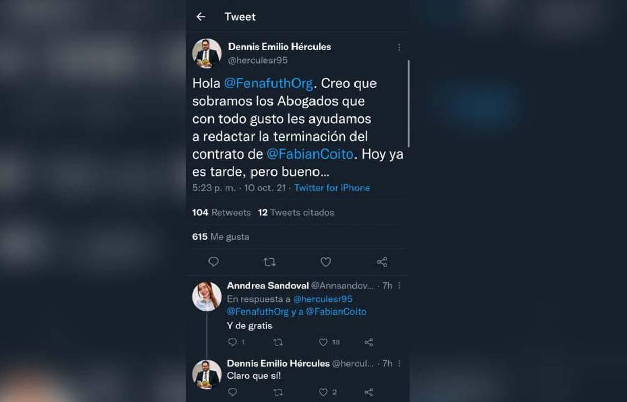 En las redes sociales inclusive un grupo de abogados se mostraron a disposición para ayudarle a la Fenafuth para redactar la terminación del contrato de Fabián Coito. 