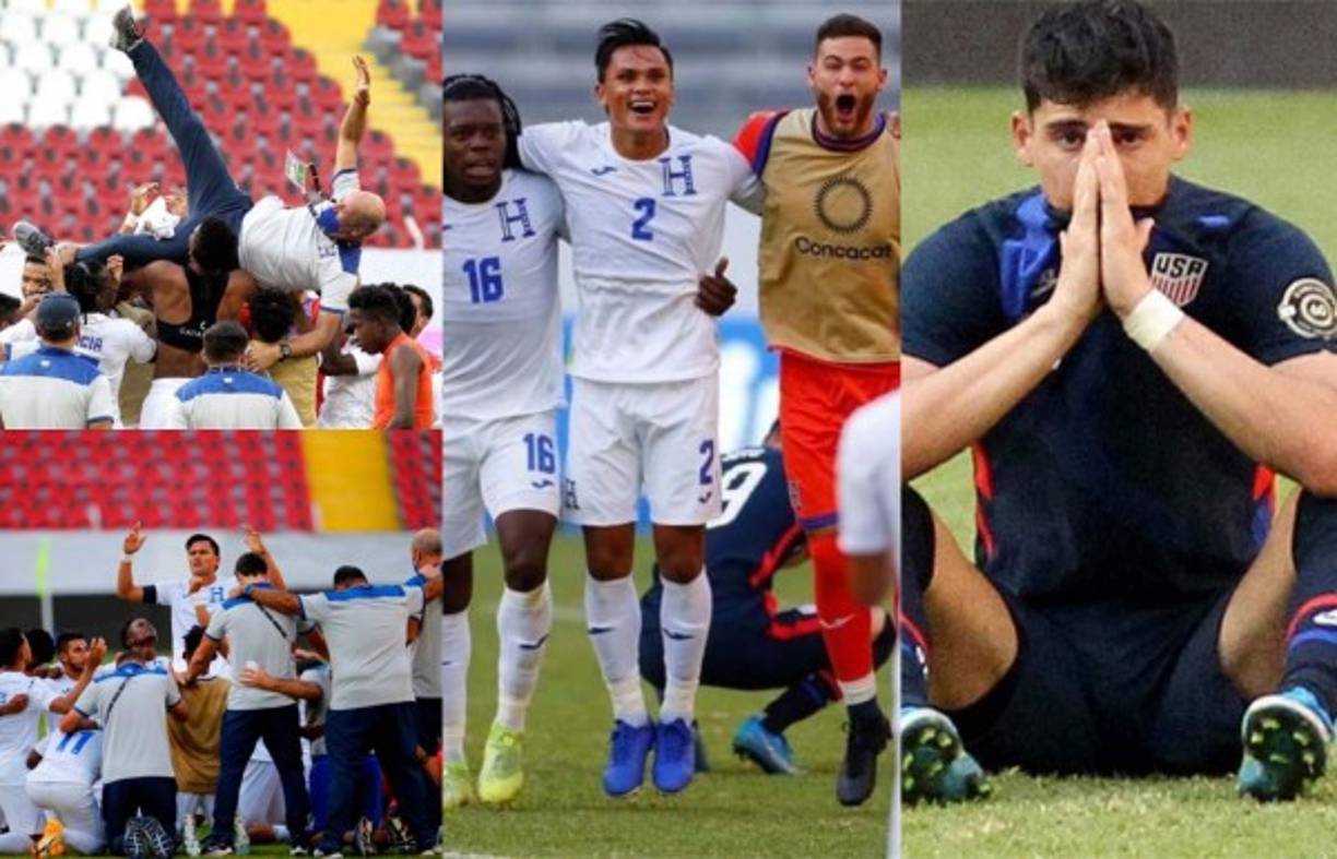 La Selección Sub-23 de Honduras venció 2-1 a Estados Unidos de forma dramática y selló el boleto a los Juegos Olímpicos de Tokio 2021. A continuación las imágenes del festejo de la H y la tristeza que hubo en EUA. Fotos AFP, EFE y Fenafuth.