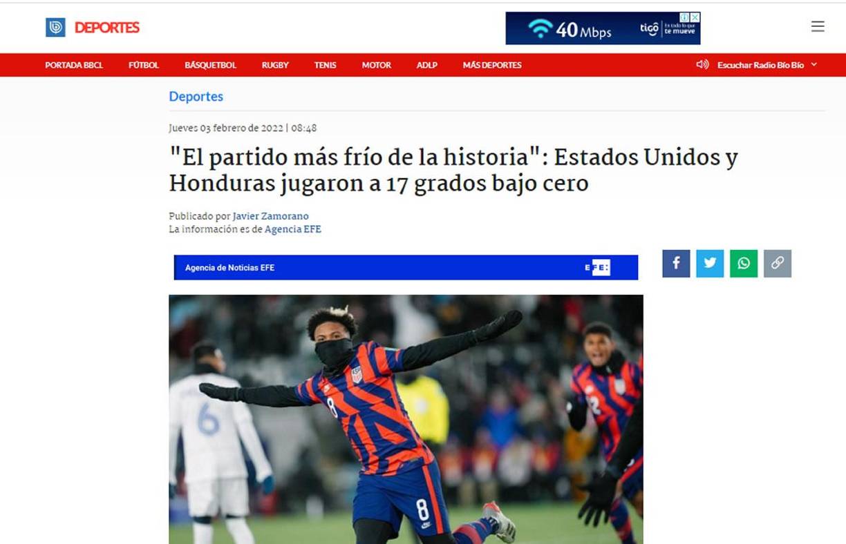 “El partido más frío de la historia: Estados Unidos y Honduras jugaron a 17 grados bajo cero”, escribió BioBio de Chile.
