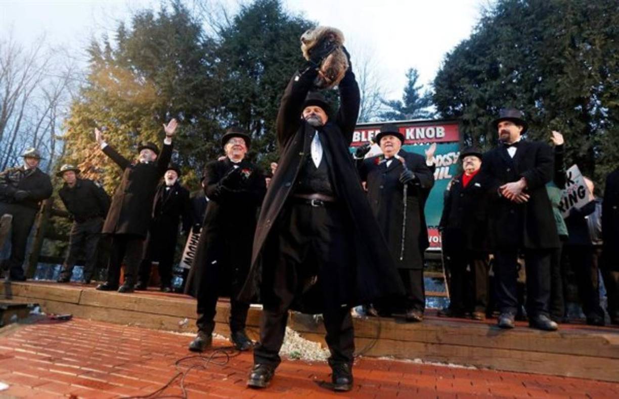 Em medio de vítores, Phil la marmota es presentado ante el público que observa si el animalito contempla su sobra. Si lo hace, significa seis semanas más de invierno.