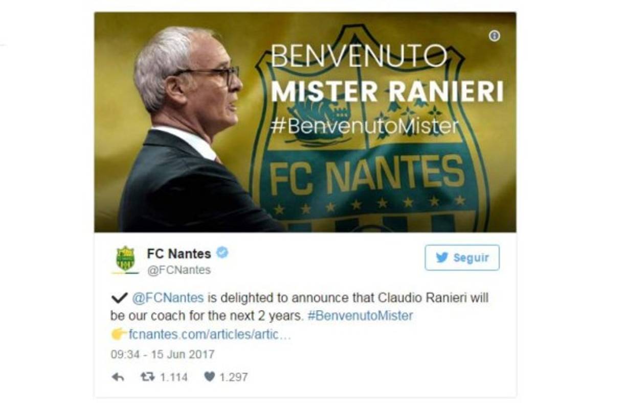 Y el Nantes ha hecho oficial la contratación de Claudio Ranieri como nuevo entrenador para las dos próximas temporadas.
