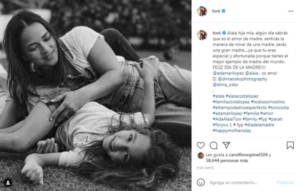 Por su parte, Toni Costa se expresó con palabras de admiración y mucho cariño para su esposa el en Día de las Madres, el pasado 9 de mayo. 'Alaïa hija mía, algún día sabrás que es el amor de madre, sentirás la manera de mirar de una madre, serás una gran madre....ya que tu eres especial y afortunada porque tienes el mejor ejemplo de madre del mundo. FELIZ DIA DE LA MADRE!!!! @adamarilopez @alaia , os amo!', dijo el artista en sus redes.